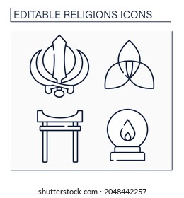 Religious line icons set. Shinto, spiritualism, paganism, Sikhism faiths. Philosophical concept. Isolated vector illustrations. Editable stroke