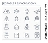 Religious line icons set.Main religious symbols. Leader of catholic church, Christianity, Jainism, Rastafari, atheism. Philosophical concept. Isolated vector illustrations. Editable stroke