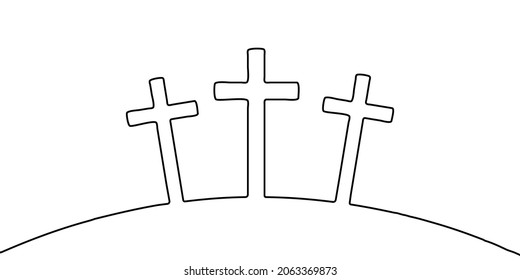 Religious linear cross. Easter background with calvary. Hill with cross. Vector illustration.