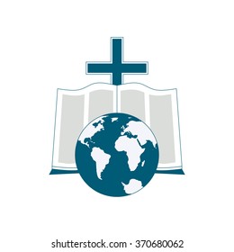 Religious logo symbolizes the Bible reading around the world. The image of the globe, the Bible, the cross as icons.