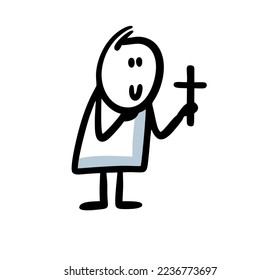 A religious man in the church holds a cross and performs the rite. Vector doodle illustration of stickman.