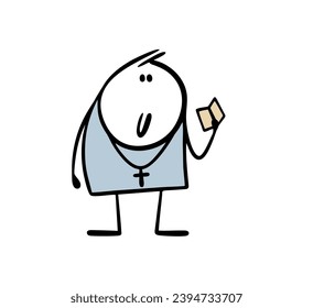 A religious man with a cross around his neck reads the Bible and preaches Christianity in church. Vector illustration of religion and a preacher with a book in hands. Atoning for sins before God.