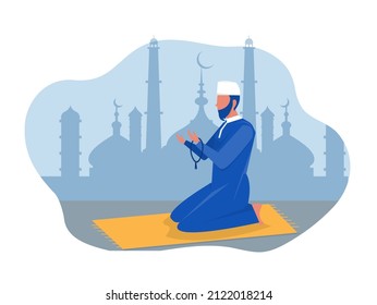 Religious Man Muslim Prayer  in traditional clothes full length vertical vector illustrationin mosque background vector graphics
