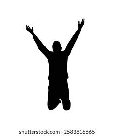 Religious Man on the Knees Raising Hands in Prayer Silhouette. Religion and faith concept vector art