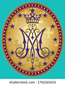 Religious medal, a baroque monogram M, with a crown, surrounded by twelve stars, on golden oval with small crosses