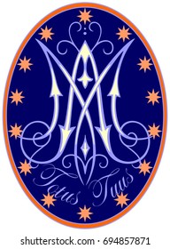 Religious medal with M monogram, the inscription Totus Tuus, surrounded by small stars, on a dark blue background