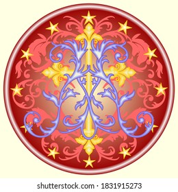 Religious medallion with the stylized baroque monogram of Our Lady, the Cross, and twelve stars