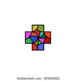 Religious or medical logo in the shape of a cross from colorful mosaic