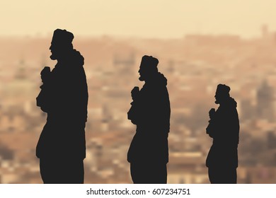 Religious middle ages historical statues with the antique city as background, vector illustration