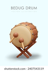 Religious musical instrument on blue background. Poster with bedug drum and place for text. Celebrating Ramadan time concept. Vector illustration in 3d style