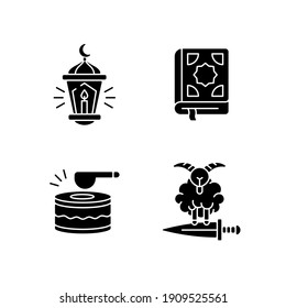 Religious muslim atributes black glyph icons set on white space. Holy word of god called Quran. Special drums for waking people up to eat. Silhouette symbols. Vector isolated illustration