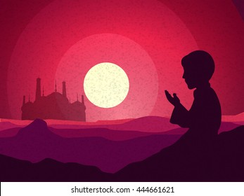 Religious Muslim Boy reading Namaz (Islamic Prayer) in front of a Mosque, Beautiful view of desert in full moonlight night, Creative illustration for Muslim Community Festival celebration.