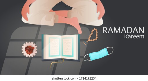 religious muslim character praying ramadan kareem holy month religion concept horizontal vector illustration