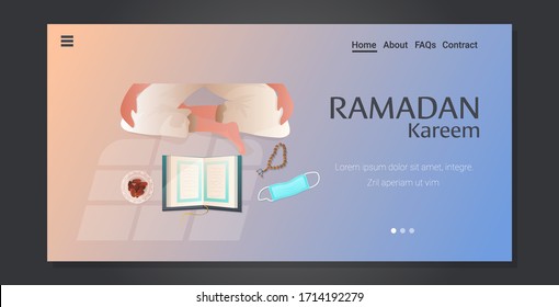 religious muslim character praying ramadan kareem holy month religion concept horizontal copy space vector illustration