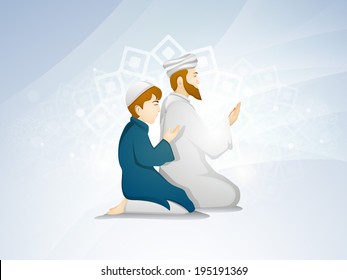 Religious Muslim father and son praying on floral decorated shiny blue background for Eid Mubarak festival celebrations. 