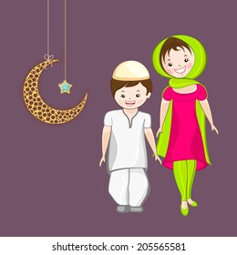 Religious muslim girl and boy holding hands each other with hanging moon and star on purple background for Eid Mubarak celebrations. 