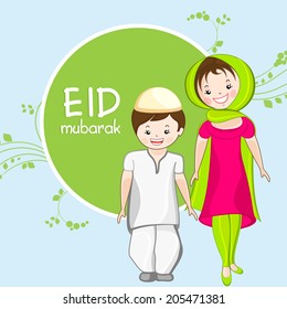 Religious Muslim girl with cute little boy on green leaves decorated background for Muslim community festival Eid Mubarak celebrations. 