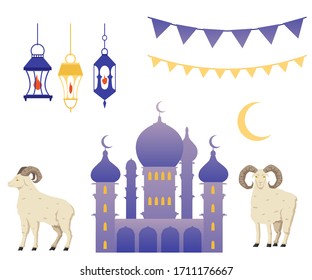 Religious Muslim holiday set - mosque building, Ramadan lantern lamps and ram sheep isolated on white background. Festive Arabic decorations - vector illustration.