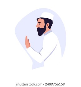 Religious Muslim man holding hands in Islamic pray gesture, flat vector illustration isolated on white background. Prayer character in Islamic Muslim tradition.