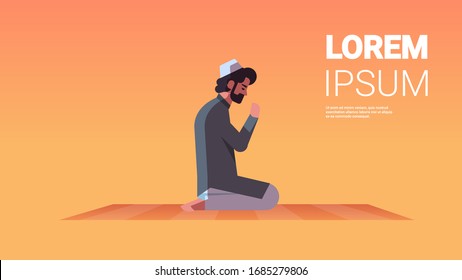 religious muslim man kneeling and praying on carpet ramadan kareem holy month religion concept flat full length horizontal copy space vector illustration