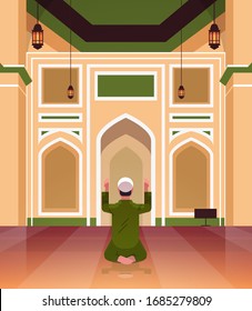 religious muslim man kneeling and praying inside mosque building ramadan kareem holy month religion concept rear view full length vertical vector illustration