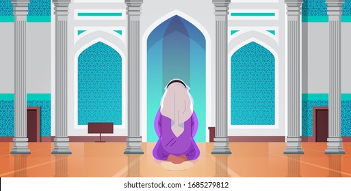 religious muslim man kneeling and praying inside mosque building ramadan kareem holy month religion concept rear view full length horizontal vector illustration