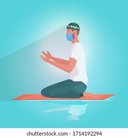 religious muslim man in mask praying ramadan kareem holy month religion coronavirus pandemic quarantine concept flat full length vector illustration