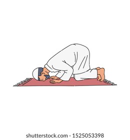 Religious muslim man praying inside the mosque vector illustration in the sketch style isolated on the white background. Religious and national diversity of the people.
