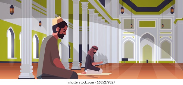 religious muslim men couple kneeling and praying inside nabawi mosque building ramadan kareem holy month religion concept full length horizontal vector illustration