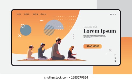 religious muslim men kneeling and praying on carpet ramadan kareem holy month religion concept full length horizontal copy space vector illustration