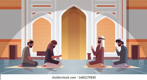 religious muslim men kneeling and praying inside nabawi mosque ramadan kareem holy month religion concept full length horizontal vector illustration