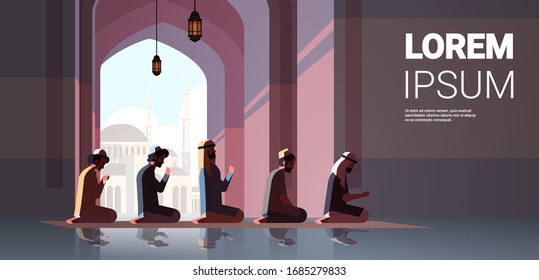 religious muslim men kneeling and praying inside mosque ramadan kareem holy month religion concept full length copy space horizontal vector illustration