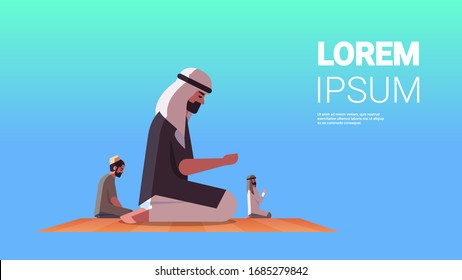 religious muslim men kneeling and praying on carpet ramadan kareem holy month religion concept flat full length horizontal copy space vector illustration