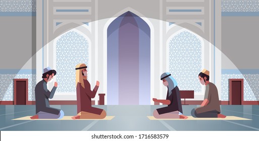 religious muslim men in masks praying ramadan kareem holy month religion coronavirus pandemic quarantine concept nabawi mosque building intrior full length horizontal vector illustration