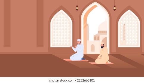 Religious Muslim men praying in a mosque. Holy place. Vector illustration