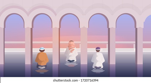 musulmanes religiosos rezando ramadan kareem mes sagrado concepto de religión retrovisión oraciones en ropa tradicional nabawi mezquita interior longitud total ilustración horizontal vectorial