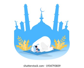 Religious Muslim Prayer prayer in traditional clothes full length vertical vector illustrationin mosque background vector graphics