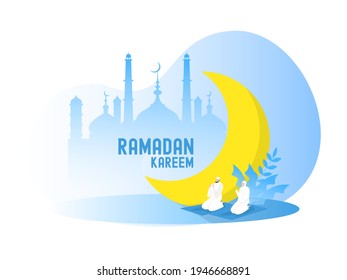 Religious Muslim  prayer in traditional clothes full length vertical vector illustrationin mosque background vector graphics