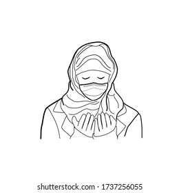 Religious Muslim woman praying and wearing mask with new normal affected from Coronavirus or Covid-19