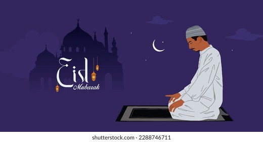 Religious Muslim young man praying in front of mosque on night background for holy month of Muslim community Ramadan Kareem.
