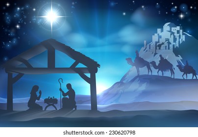 Religious Nativity Christian Christmas Scene Of Baby Jesus In The Manger With Mary And Joseph And The Three Wise Men