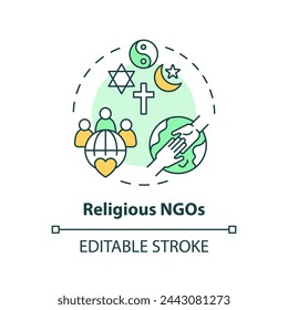 Religious NGOs multi color concept icon. Non governmental organization. Faith based coalition. Humanitarian aid. Round shape line illustration. Abstract idea. Graphic design. Easy to use in article