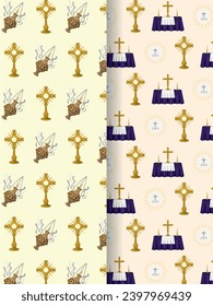 Religious objects pattern vector. The most holy, censer, host, altar and cross