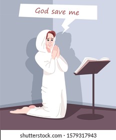 Religious obsession flat vector illustration. Spiritual dependence. Fanatic worshiper. Pious young woman kneeling, female believer praying, asking God for salvation cartoon character