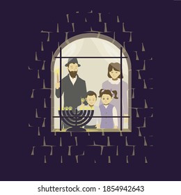 Religiöse orthodoxe jüdische Familie, die Hanukka beleuchtet, menorah Kerzen auf dem Fensterbrett. Vektorgrafik. Hintergrund für Auftragsdesign.