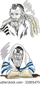 Religious orthodox men in tallit.  Hand drawing illustration.