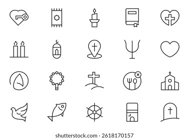 Conjunto de ícones de contorno religioso. Uma coleção significativa de ícones que representam várias fés e crenças, Conjunto de ícones de estrutura de tópicos