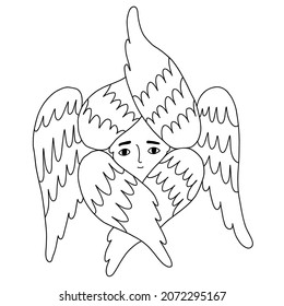Religious outline symbol six winged Angel cherub and Seraph. Vector illustration. Line drawing. heavenly character For design and decoration of religious concepts svg