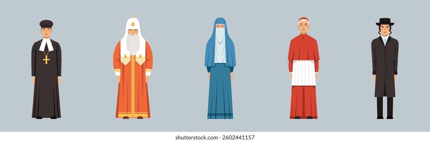 Religious People Different Character Man and Woman Standing Vector Set
