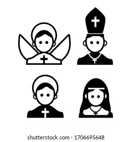 Religious people icon. Basic icon of a nun, a pope, a priest and an angel.